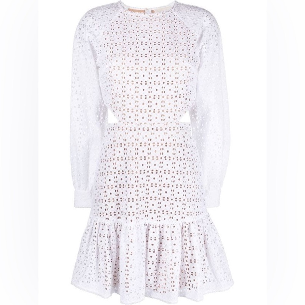 Michael Kors Cut Out GEO Eyelet Embroidered Mini Dress Nude Lined White 12 NWT